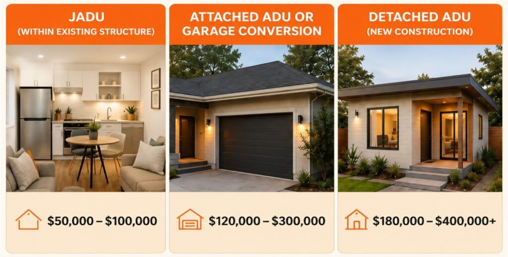 attached adu, detached adu, jadu costs