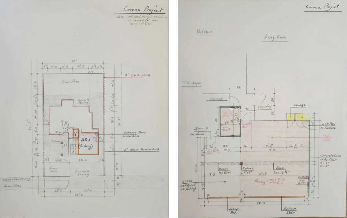 Garage Conversion ADU — Hand-drawn survey of the existing structure | Corona, CA