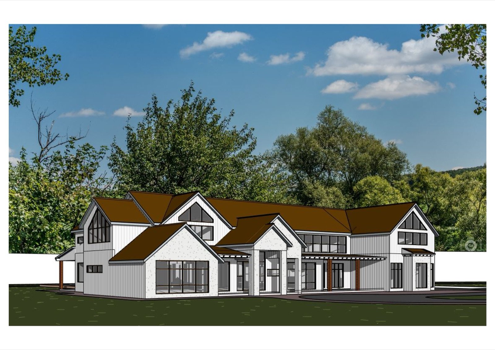 3D view of a new two-story residence and barn designed by Fast Build