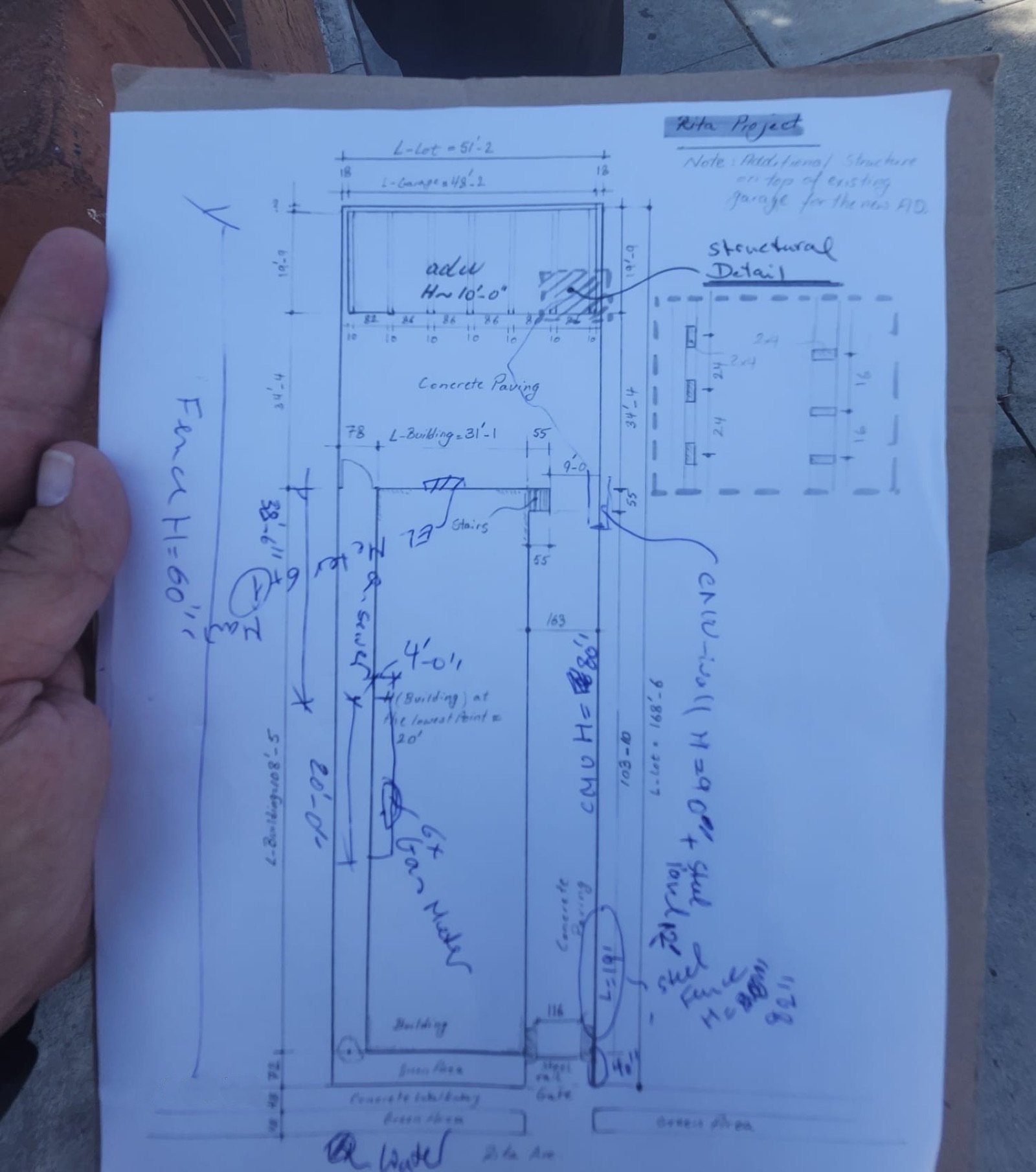 Field measurement sketch for a Fast Build as-built drawing set in Los Angeles