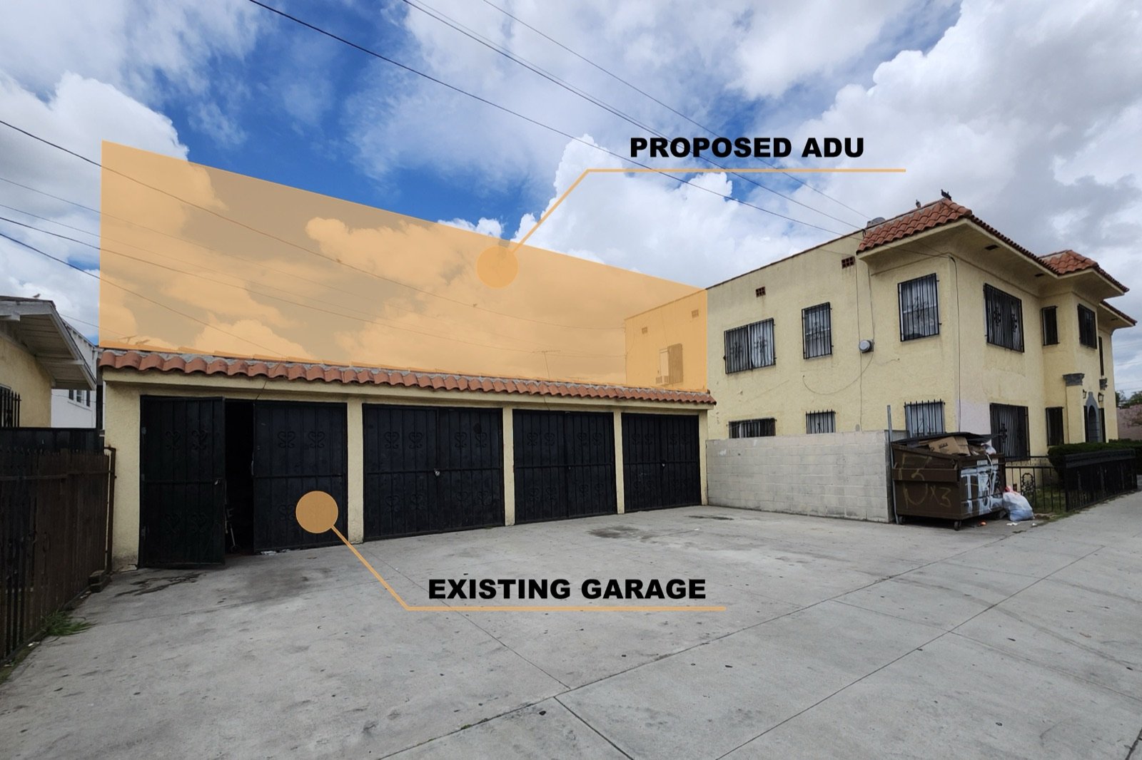 Proposed ADU overlay above an existing garage by Fast Build in Los Angeles