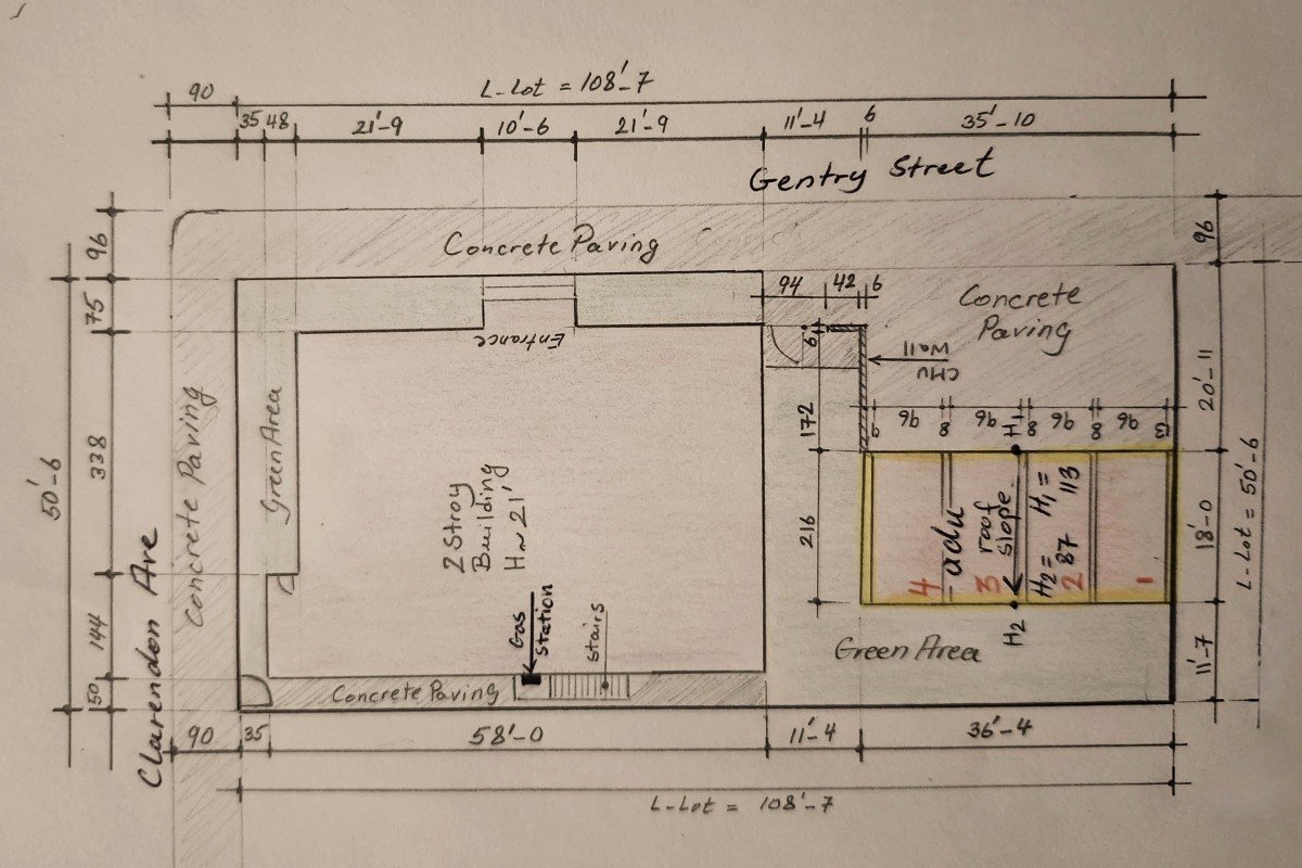 Garage Conversion ADU — Hand-drawn survey of the existing structure | Huntington Park, CA