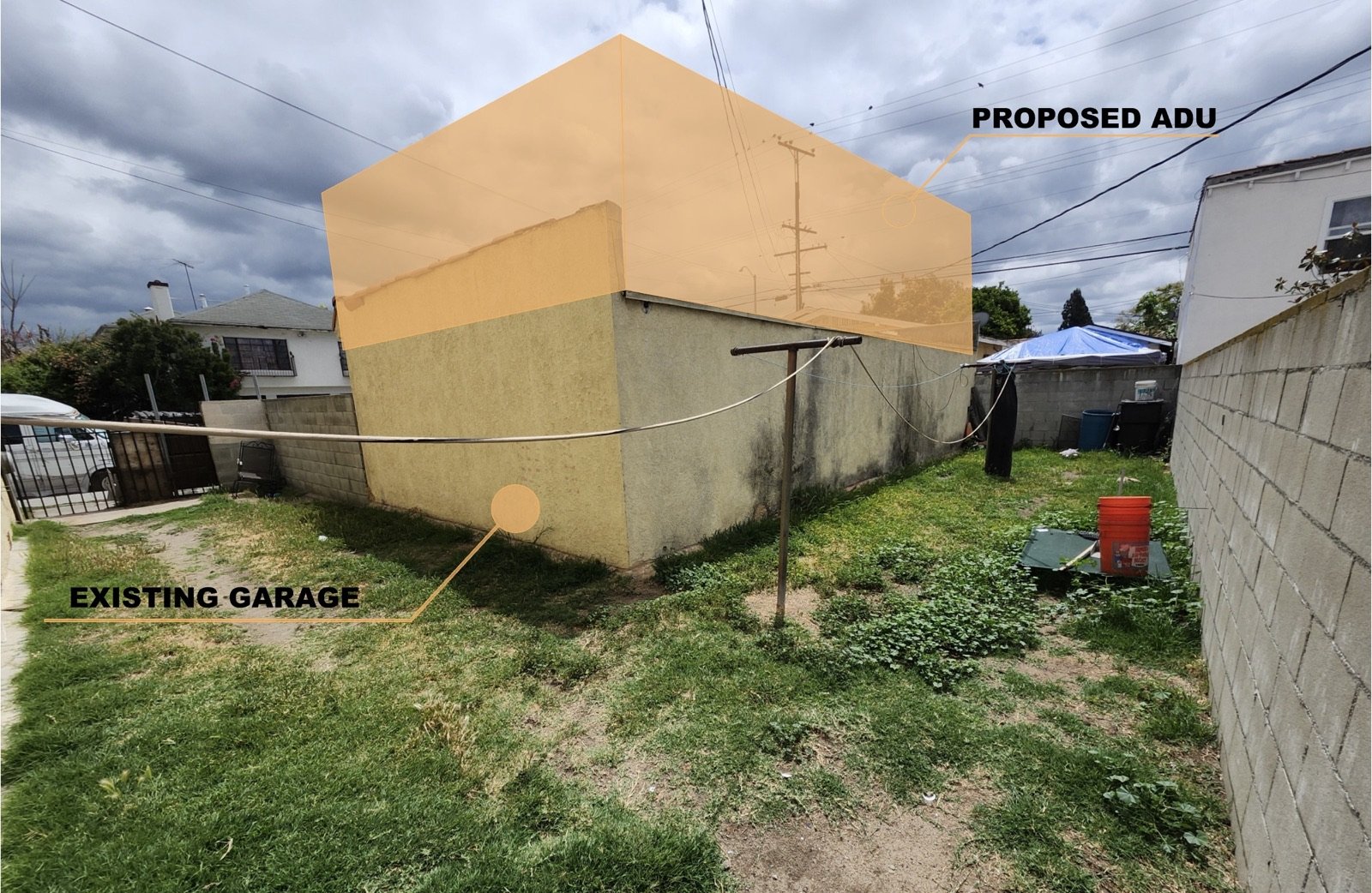 Existing unpermitted garage structure documented by Fast Build for legalization