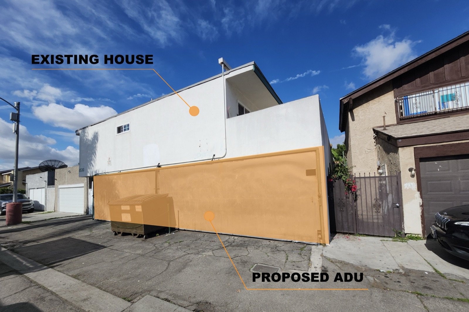 Rear view of an unpermitted structure being legalized with Fast Build drawings