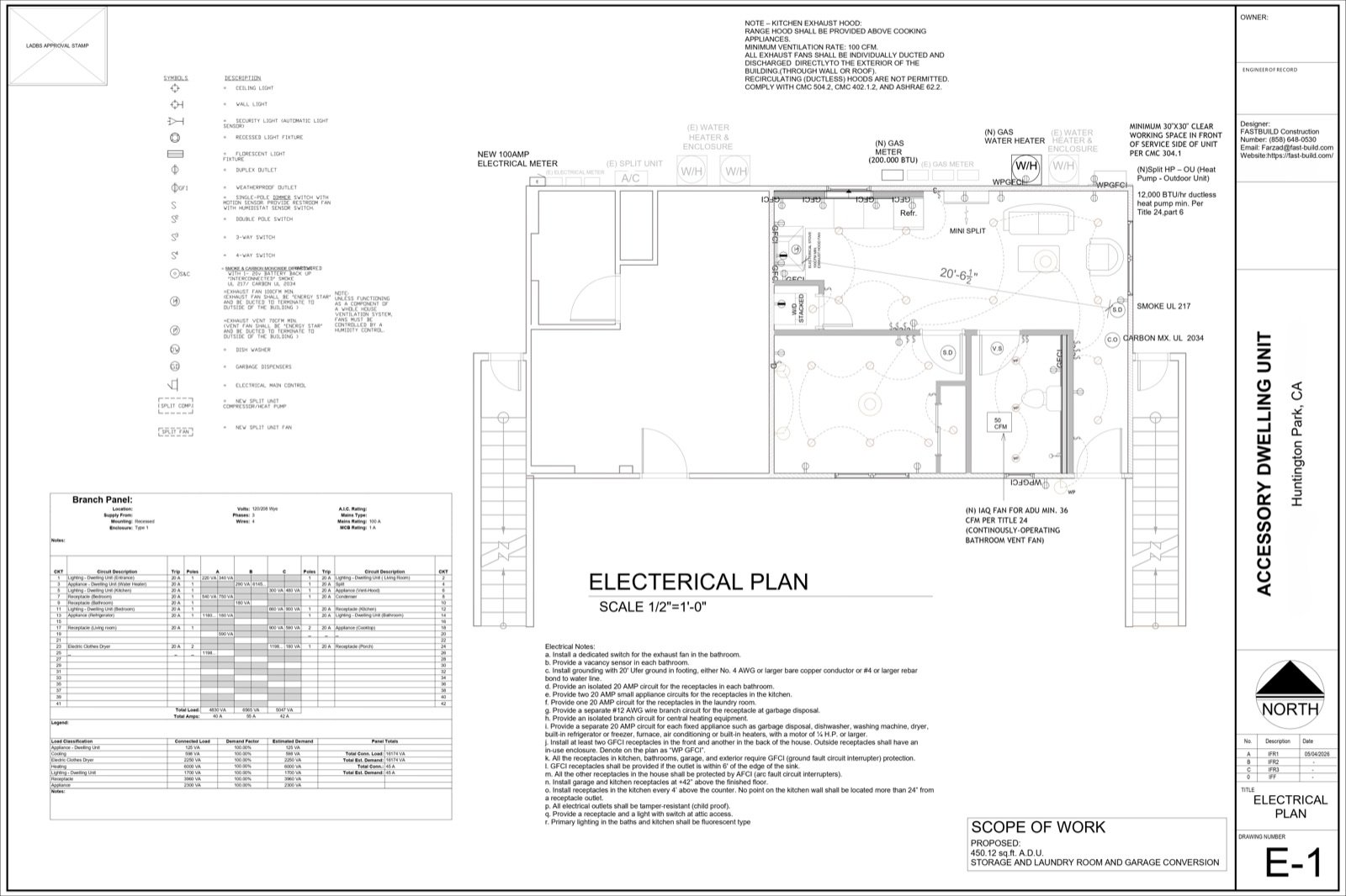 Electrical plan sheet from a Fast Build MEP design package in San Diego